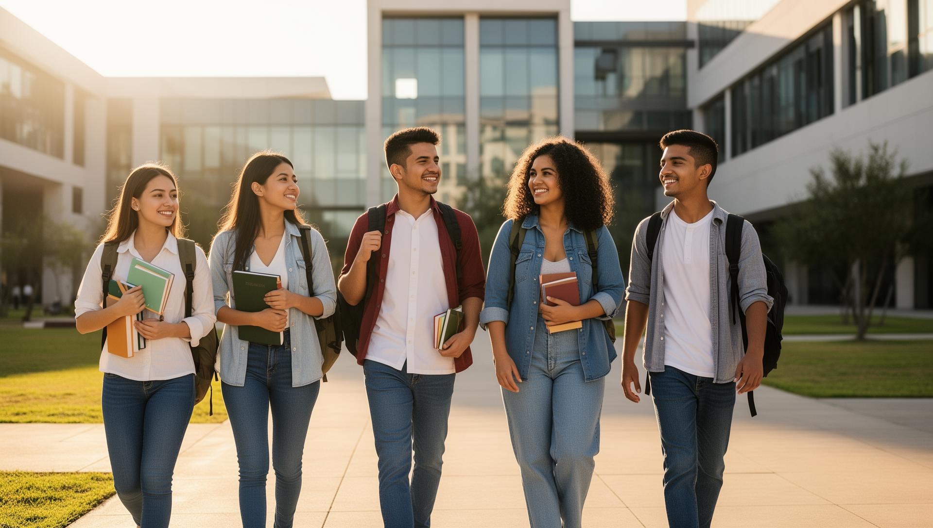 Estudiantes caminando en campus universitario